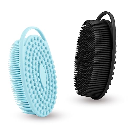 3 PCS Soft Silicone Body Scrubber,Silicone Body Shower,Silicone Loofah 2 in 4 Bath and Shampoo Brush, Body Scrubber Shower Cleaning Exfoliating Use,Lather Well, Black,Pink,Blue