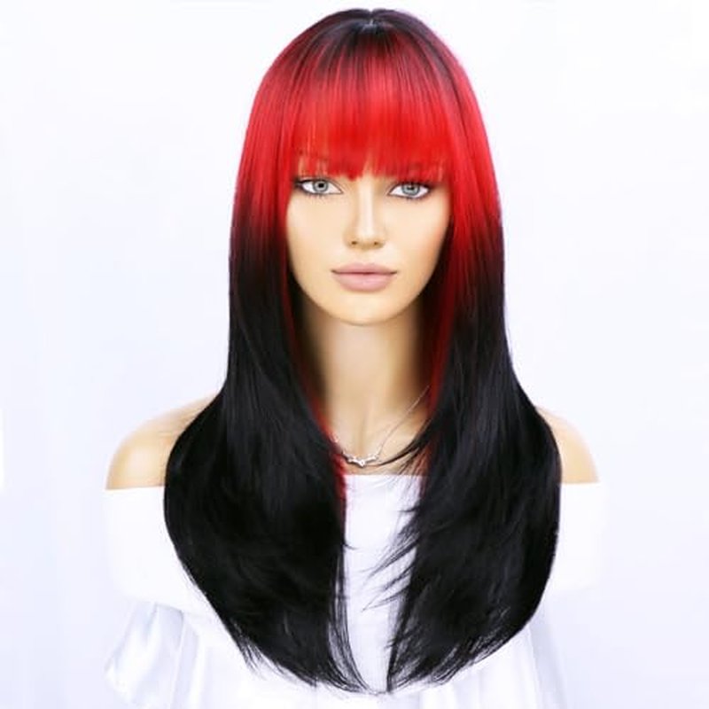 BERON Black Red Women Wigs Long Wavy Wig with Bangs Ombre Color Curly Synthetic Layered Wigs for Daily Used Wigs Wig Cap Included