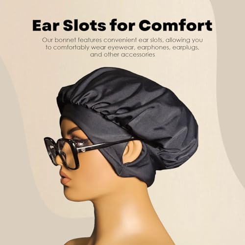 EARTWOEAR Bonnet, Hair Bonnet for Sleeping, Women Sleep Cap Hair Bonnet, Polyester/Lycra Blend Sleep Bonnet, Full Bonnet with Ear Slots (Black)