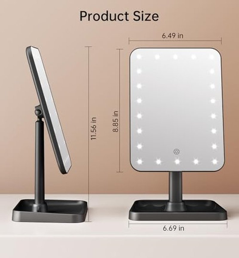 Famihomii Lighted Desk Makeup Mirror, Rechargeable Makeup Mirror with Lights, 360° Rotation Durable Vanity Mirror with Storage, Detachable Design for Bedroom