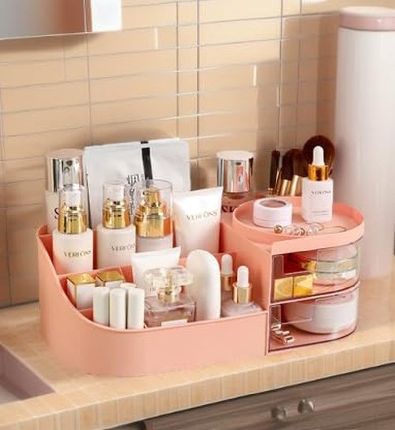 POFUOT skin care organizer,Makeup Desk Organizer With Drawers,Countertop Organizer for Cosmetics,Vanity brush with Holder for Lipstick, Brushes, Eyeshadow, and Desktop Finishing Dresser (D-pink)