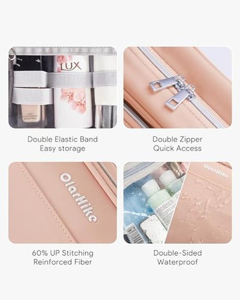 OlarHike Travel Toiletry Hanging Bag Waterproof Bags, Makeup bag, Toiletries, Jewelry, Travel Essentials 3 in 1 Packing Organizers, Cosmetic Travel-Sized Container, Medium Capacity for Women Pink