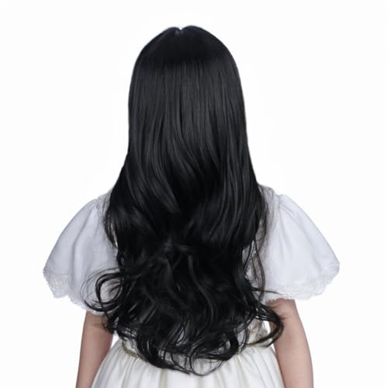 Ufindcos Black Wig with Bangs for Kids Long Wavy Curly Black Hair Wigs for Child Curly Black Wig for Girls Synthetic Wig with Wig Cap
