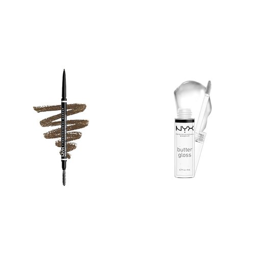 NYX PROFESSIONAL MAKEUP Micro Brow Pencil, Eyebrow Pencil - Ash Brown & Butter Gloss, Non-Sticky Lip Gloss - Sugar Glass