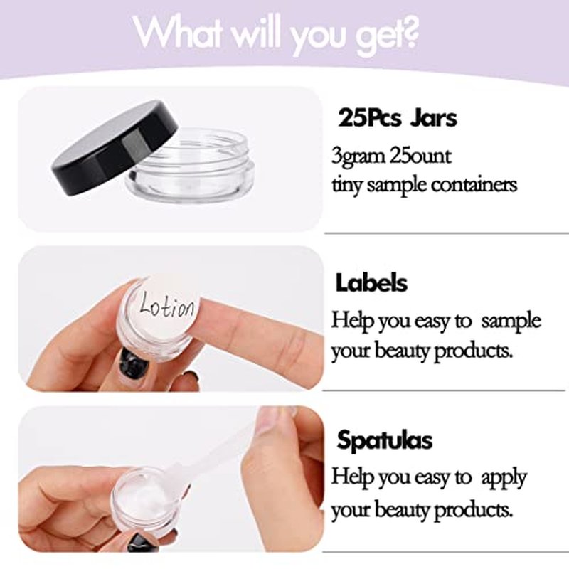 3 Gram Sample Containers with Lids, 25 Count Tiny Sample Jars, Empty Lip Balm Containers, Mini Cosmetic Containers with Lids, Makeup Travel Containers with Labels, Mini Disposable Spatulas