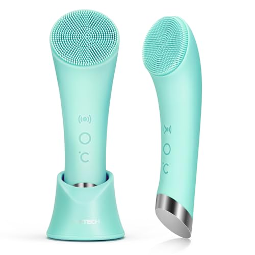 PRITECH Silicone Face Scrubber, Rechargeable Facial Cleansing Brush with Heat Massage End, Vibrating Exfoliating Face Scrubber for Women and Men, Waterproof Facial Scrubber for Deep Cleansing (Green)