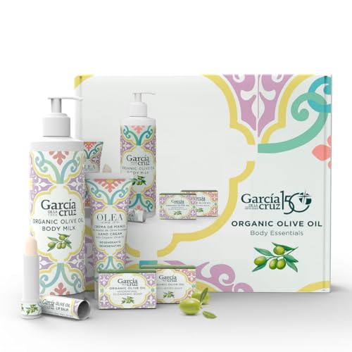Olive Oil Body Essentials Kit by Garcia de la Cruz Extra Virgin Olive Oil Infused Skin Care Gift Set includes Body Milk, Lip Balm, Hand Cream, and 2 Soaps