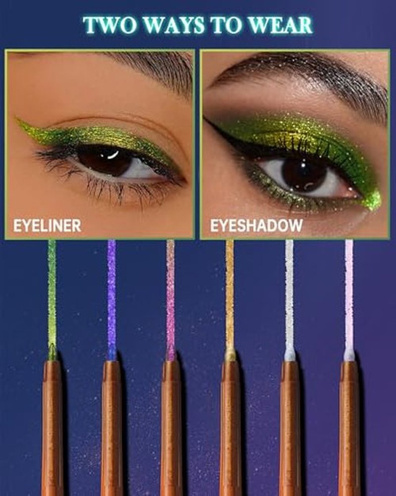 Metallic Multichrome Eyeliner Pencil, Green Glitter Eyeliner Gel Eye Liner Pencils, Waterproof Smudge-proof Longwear, Multi-Use Sharpenable Colored Eyeliner Eyeshadow Makeup Pen, Delineador De Ojos-01