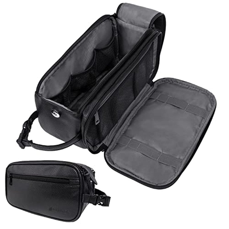 PAVILIA Toiletry Bag for Men, Travel Essentials Shaving Dopp Kit, Mens Travel Bag Toiletries Organizer Case for Grooming, PU Leather Water Resistant Cosmetic Bag Pouch (Black)