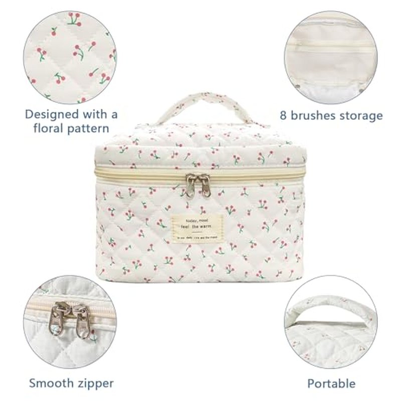 Big Cute Makeup Bag for Women, Large Travel Floral Cotton Cosmetic Bag, Coquette Aesthetic Quilted Toiletry Organizer Bag (White floral)