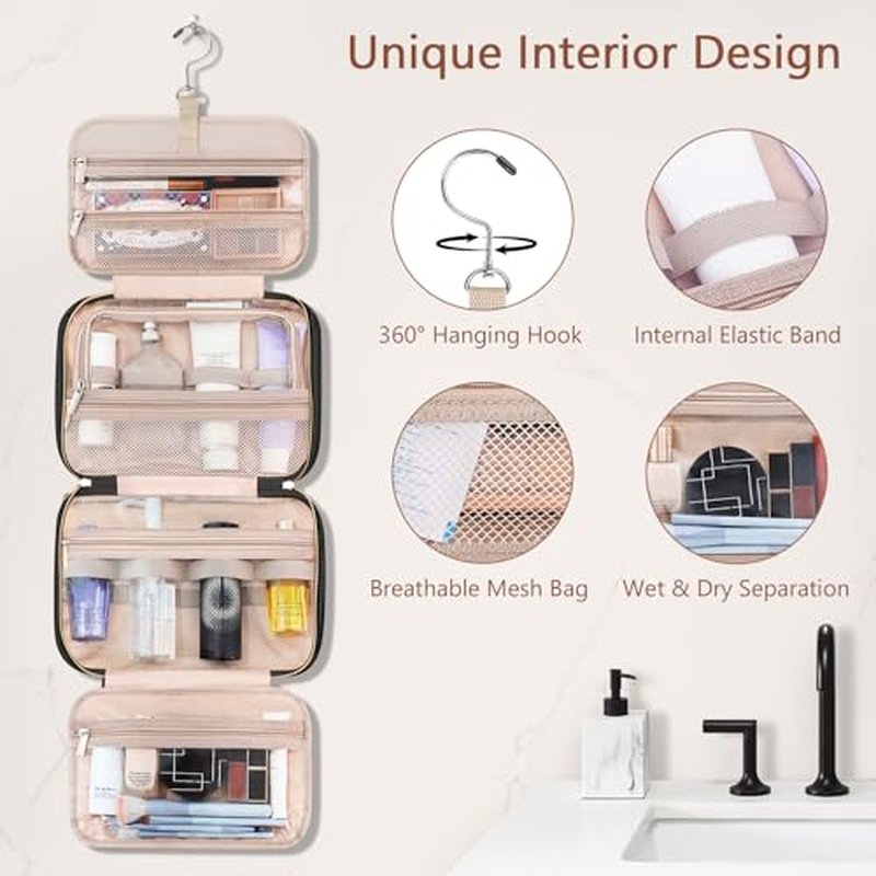 Wedama Toiletry Bag for Women, Hanging Travel Toiletry Bag with Jewelry Organizer Compartment Large Makeup Bag, PVC Waterproof Cosmetic Travel Bag for Travel Business Trips Camping Bathroom, Black