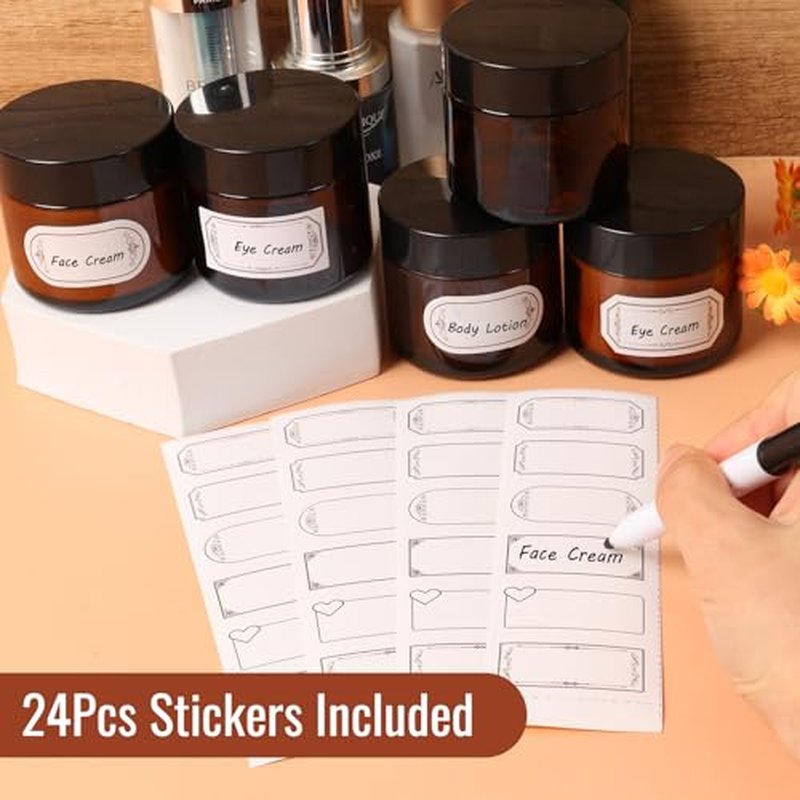 Jaisie.W 2 oz Amber Glass Jars with Lids 24Pack- Portable Glass Cosmetic Jars with Lids 2 oz,Empty Amber Glass Jars with Lids for Lotions,Scrubs(2fl. oz, Set of 24)