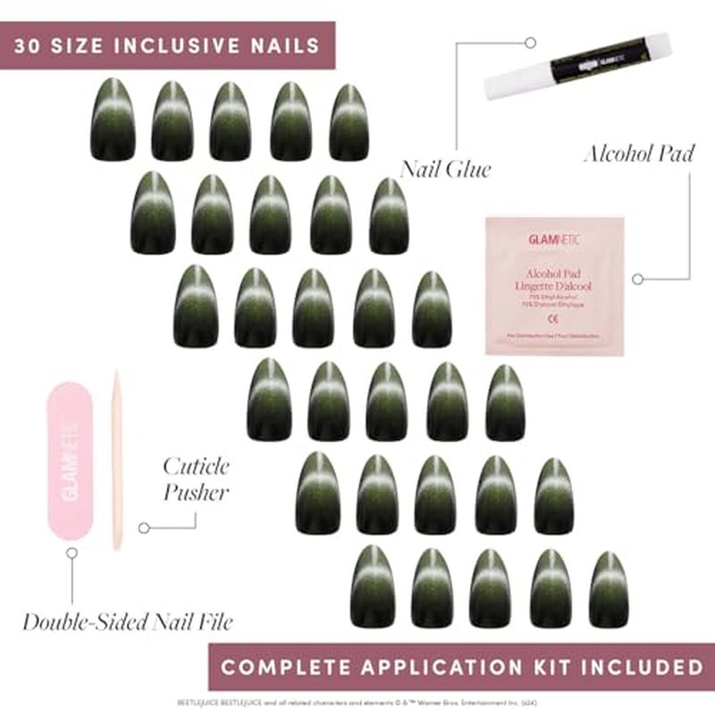 Beetlejuice Beetlejuice™ x Glamnetic Press On Nails - Ghost House™| Opaque Black & Navy Graphic Long Coffin False Nails, Reusable Stick On Fake Nails with Glue | Salon Quality | 15 Sizes - 30 Nail Kit