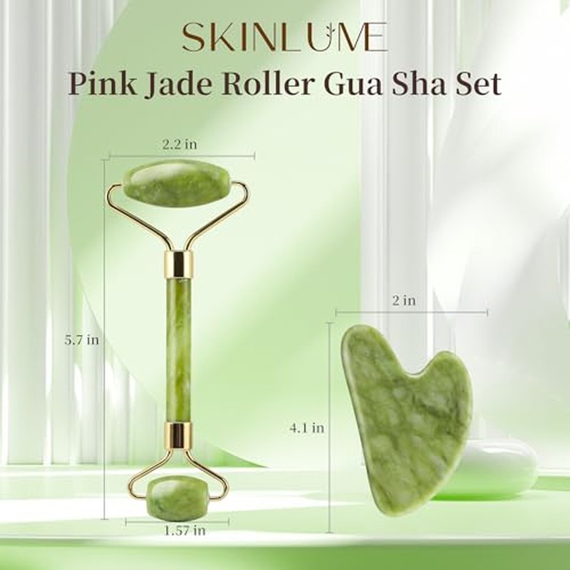 Jade Roller Gua Sha Facial Tool - For Face Neck Eye Jawline, Reduce Puffiness and Tension, Gift Set for Men Woman 100% Natural Jade Stone - SkinLume (Green)