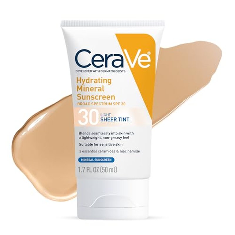 CeraVe Hydrating Mineral Sunscreen SPF 30 with Sheer Tint, Tinted Mineral Sunscreen with Zinc Oxide & Titanium Dioxide, Blends Seamlessly For Healthy Glow, Stocking Stuffers, Light, 1.7 Oz