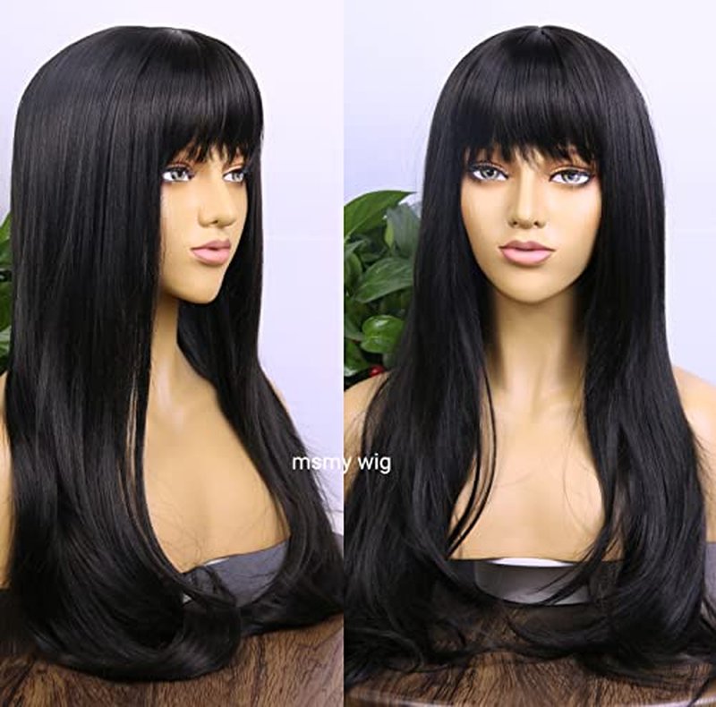 MSMYRNS 99J Ginger Orange Highlights Mixed Color Synthetic Wig With Bangs Natural Wavy Fringe Unit Glueless Full Machine Made Scalp Wig None Lace Wig Fashion Girls Party Cosplay Daily Use Gift
