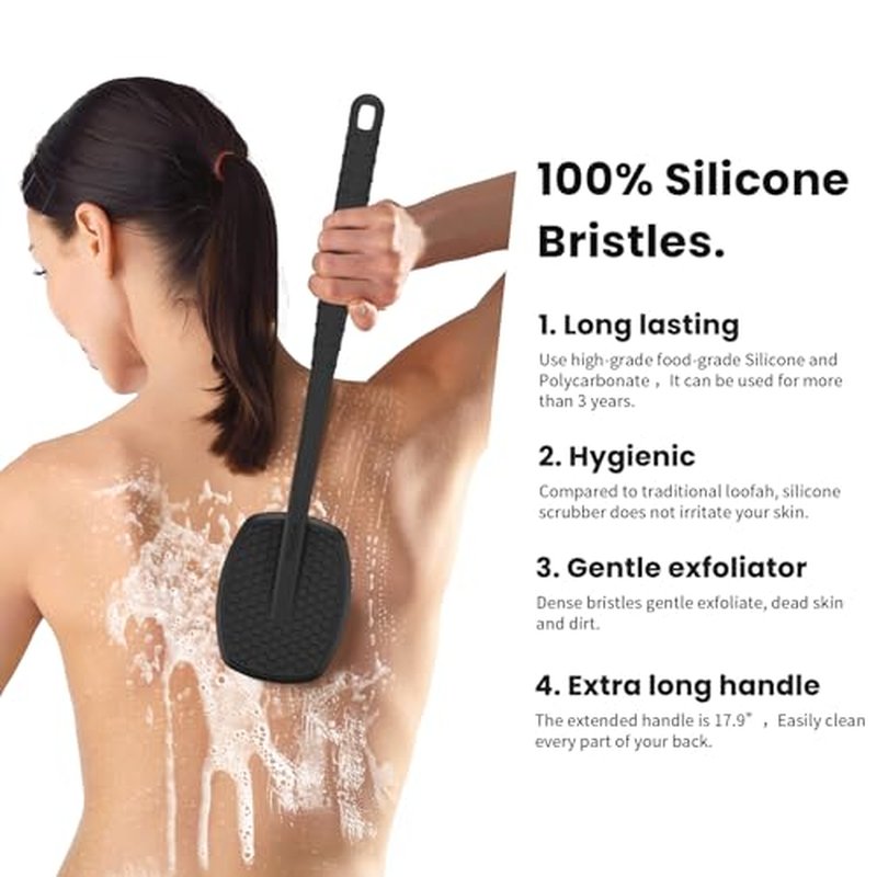 iTokGoK® All New Premium Silicone Back Scrubber with Tire Anti-Slip Long Handle for Shower, Gentle Exfoliating and Massage Brush Scrubber for Sensitive Skin for Men and Women (Black)