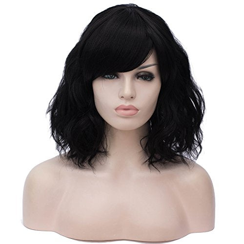 BUFASHION 14" Women Short Wavy Curly Wig Pink Bob Wig Cosplay Halloween Synthetic Wigs With Neat Bang Wig With Free Wig Cap (Pink 1)