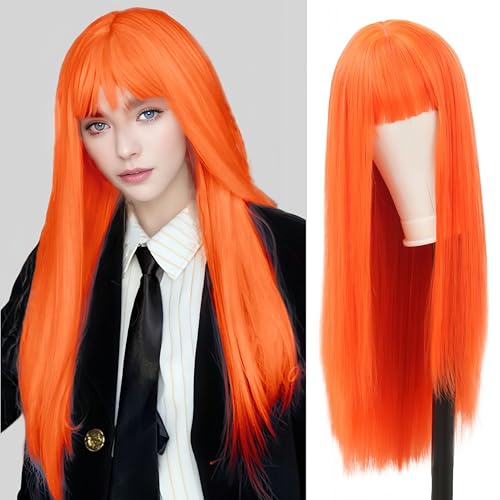 Siudus Orange Long Straight Wigs for Women with Bangs Heat Resistant Synthetic Wig Cosplay Halloween Daily Party Hair Wigs