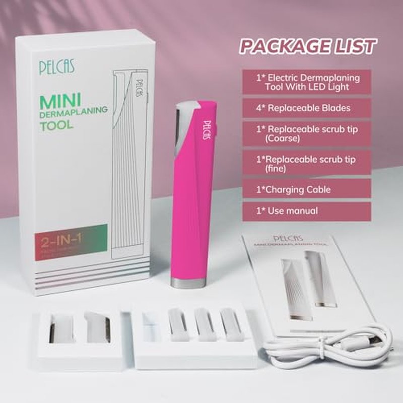 PELCAS Electric Dermaplaning Tool Kit With LED Light, Mini Face Dermaplaning Razor, Painless 3 Speeds Facial Peach Fuzz, Exfoliation, Dead Skin & Hair Removal System for Women with 6 Replace Blades