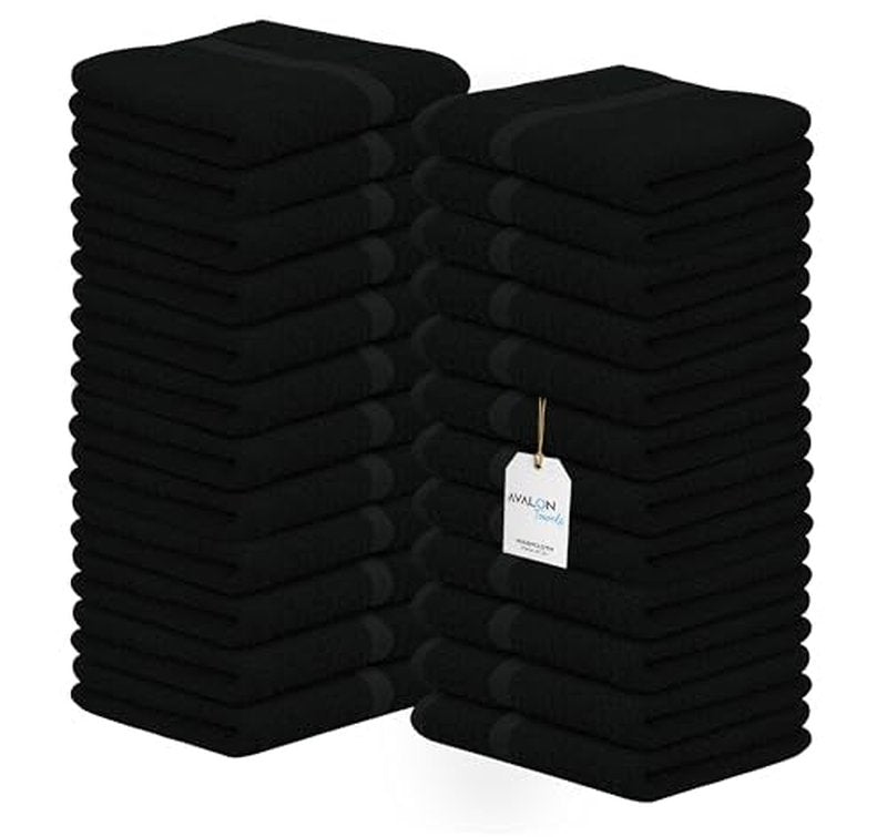 Avalon Towels Cotton Washcloths – (Pack of 24) Size 12x12 Inches, 100% Ring Spun Cotton, Soft & Absorbent Face Towels, Gym Towels, Hotel and Spa Quality, Reusable Fingertip Towels (Black)
