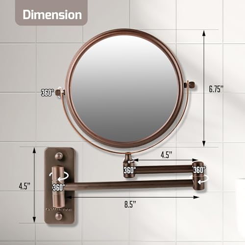 OVENTE 7" Wall Mounted Makeup Mirror with 1X/10X Magnification, Double Sided Magnifying Round Bathroom Vanity Mirror, 360° Swivel Design, Extendable and Folding Arm, Nickel Brushed MNLFW70BR1X10X