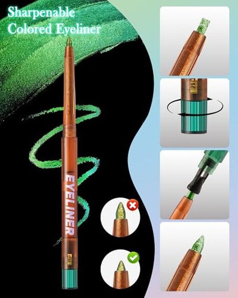 Metallic Multichrome Eyeliner Pencil, Green Glitter Eyeliner Gel Eye Liner Pencils, Waterproof Smudge-proof Longwear, Multi-Use Sharpenable Colored Eyeliner Eyeshadow Makeup Pen, Delineador De Ojos-01