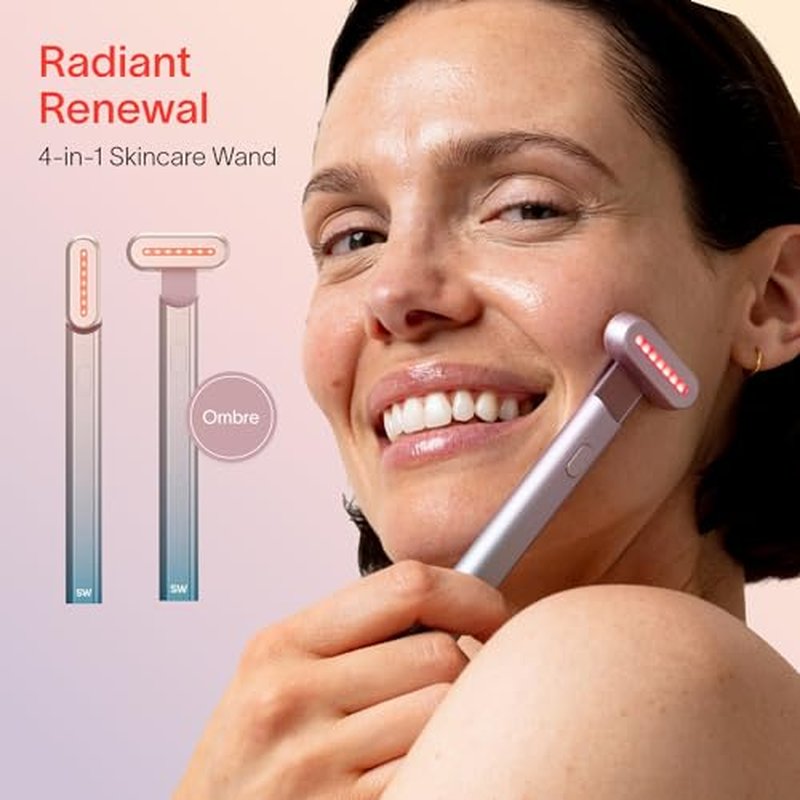 Solawave 4-in-1 Skinware Wand - Upgraded Radiant Renewal with Facial Massager, Red Light, Galvanic Current, and Therapeutic Warmth Anti-Aging Beauty Device (Blue/Pink Ombre)