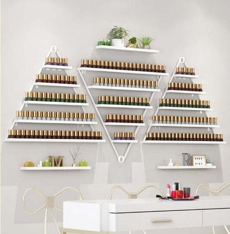 LEYSRIS Wall-Mounted Nail Polish Rack, Set of 6 Triangular White Nail Polish Shelf Lipstick Perfume Cosmetic Display Shelf for Home Spa Nail Salon Shop