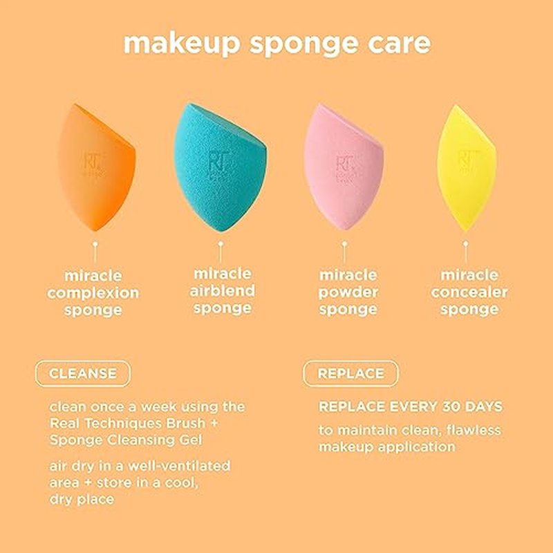 Real Techniques Miracle Complexion Sponge + Miracle 2-In-1 Powder Puff, Makeup Blending Sponge & Dual-Sided Powder Puff, For Liquids, Creams, & Powders, Vegan & Latex-Free, 2 Count