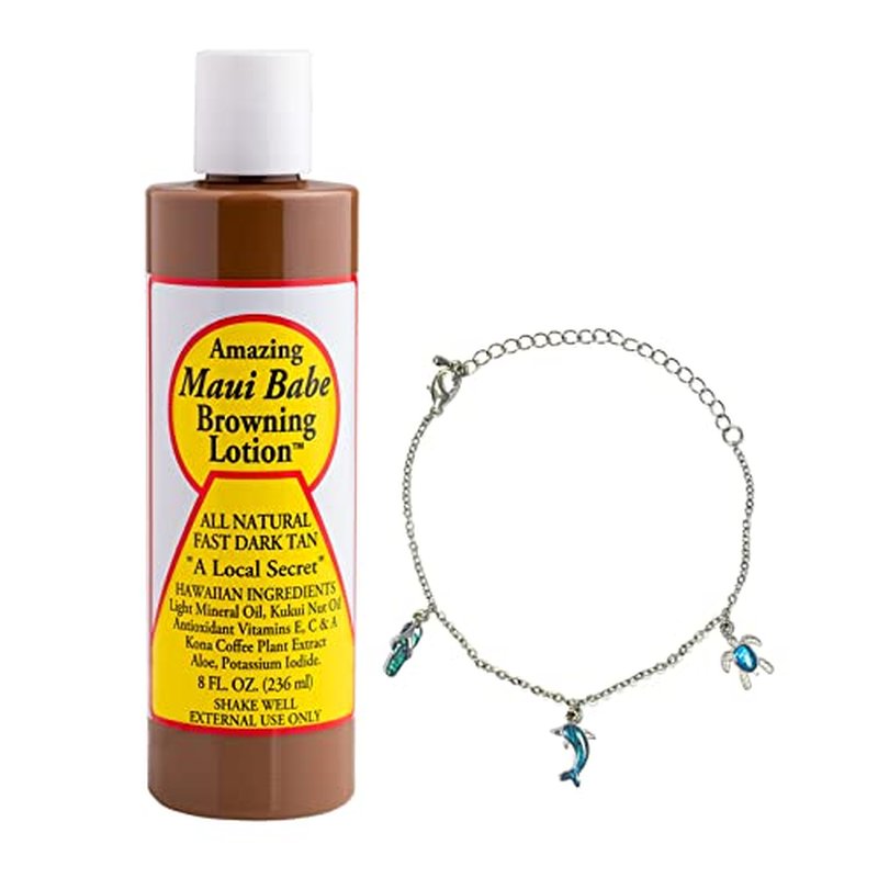 Maui Babe Browning Lotion 8 ounce - Tanning Lotion & Beach Abalone Anklet - Turtle, Flip Flop and Dolphin Adjustable Anklet - Maui Babe Suntan Lotion