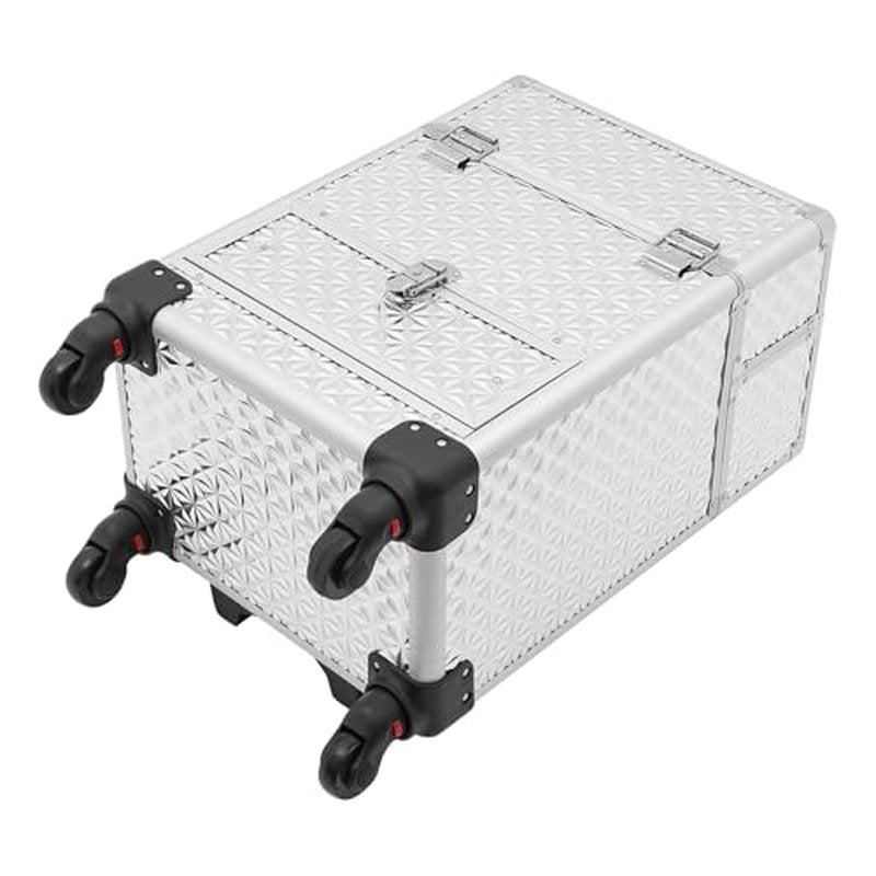 Rolling Makeup Train Case with Storage Sliding Drawer and Removable Divider, Lockable Cosmetic Travel Trolley Case with Wheels Salon Barber Travel Cart Trunk for Nail Tech Hairstylist (Silver)
