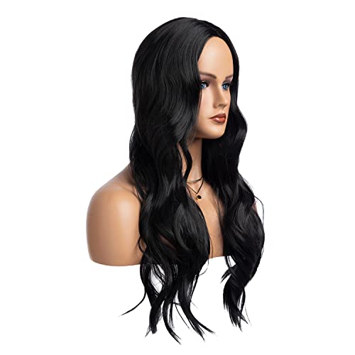 RicHyun Black Wig Long Curly Wavy Black Wig Middle Part Cosplay Wig Synthetic Heat Resistant Costume Halloween Wigs for Women Girls (Black)