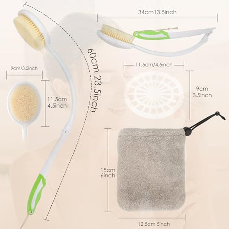 Dual Head Replacement Back Brush Long Handle for Shower, 14.5” Back Bath Brush for Lotion Applicator Exfoliation and Improved Skin Health for Elderly with Limited Arm Movement（2 Brush Heads） ﻿