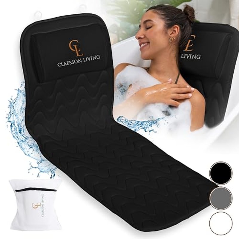 Claessonliving Full-Body Bath Pillow (17'' x 49'') - Bathtub Cushion with Headrest Supports Neck, Back and Legs - Free Hanging Hooks for Fast Drying Over Tub - Includes Washing and Travel Bags - Black