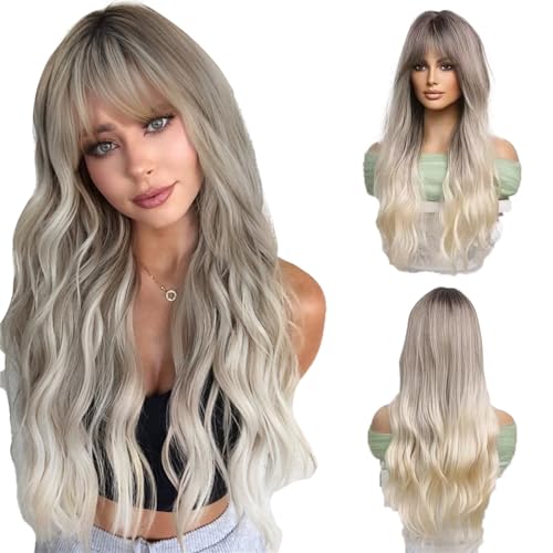 OMELPIS Ombre Brown Blonde Great Wavy Wig Dark Roots Middle Part Long Natural Heat Resistant Fiber Synthetic Curly Wigs for Women Girls Daily Party Holiday Festival Chrismas Travel Use 26 Inches