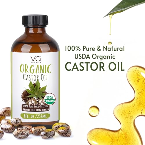 VITAL AFFAIR Castor Oil Organic Cold Pressed Unrefined Glass Bottle- USDA Certified Organic Castor Oil For Castor Oil Pack Wrap-Castor Oil For Skin, Hair Growth, Eyelashes, Eyebrows & Nails-8 Fl Oz
