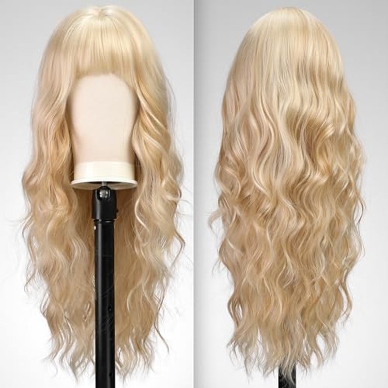 KOME Natural Brown Wigs with Bangs,Brown Long Wavy Wig for Women,Long Curly Wigs Dark Roots Synthetic Hair Wig for Party Daily Use 24IN