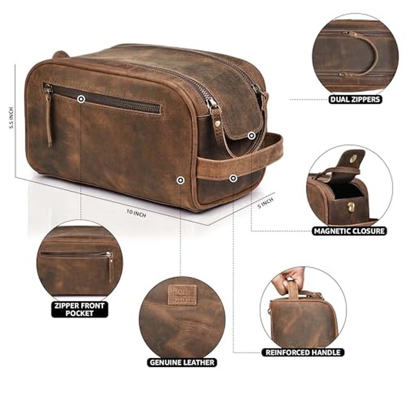 LEATHER VILLAGE Premium Leather Toiletry Travel Pouch With Waterproof Lining - Black | King-Size Handcrafted Vintage Dopp Kit Bag