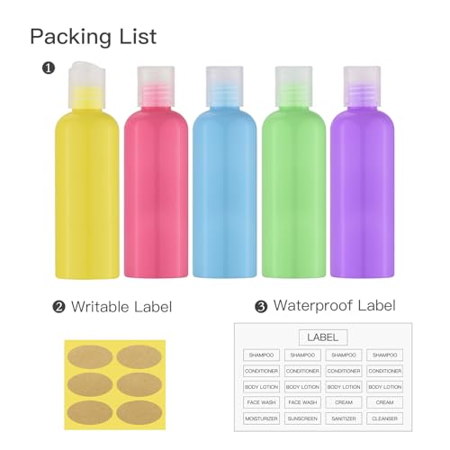 owlyee 3.4 oz Travel Bottles for Toiletries, Empty Travel Size Containers Tsa Approved, 5PCS Small Plastic Shampoo Bottles with Labels (100ml)