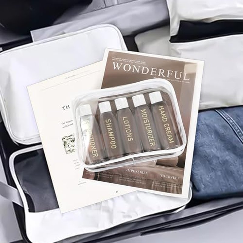 5 Pack Travel Bottles for Toiletries, 3.4oz TSA Approved Travel Size Containers, Leak Proof Refillable Travel Accessories for Shampoo Conditioner, Plastic Travel Bottles with Toiletry Bag and Label.