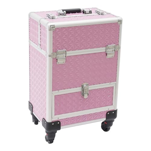 Blisiour Rolling Makeup Train Case with Storage Sliding Drawer and Removable Divider, Lockable Cosmetic Travel Trolley Case with Wheels Salon Barber Travel Cart Trunk for Nail Tech Hairstylist (Pink)