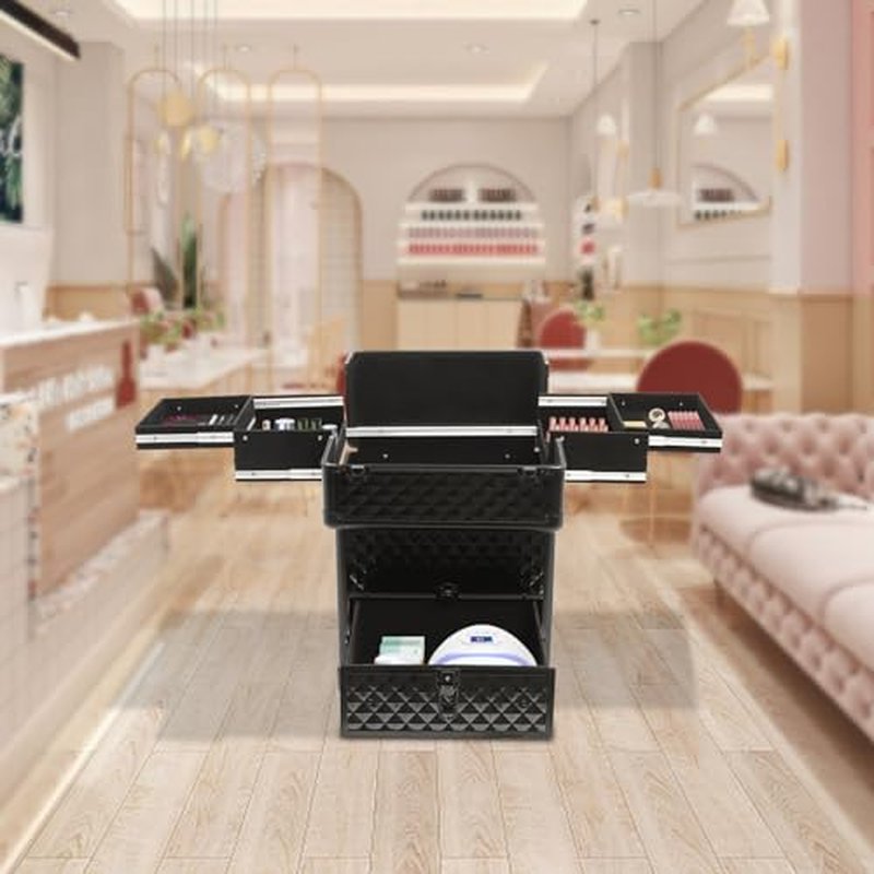 YIYIBYUS Manicure Storage Case, Makeup Trolley Rolling w/Wheels, Rolling Nail Case, Polish Organizer Makeup Train Case Durable Large Capacity Organizer w/lock for Studio or Travelling (Black)