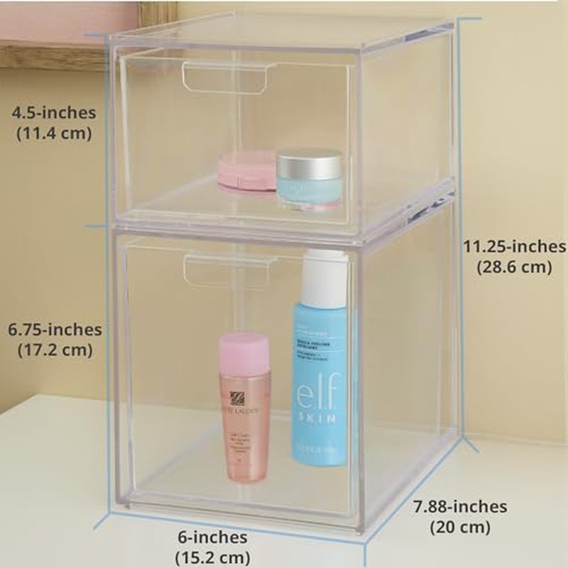 STORi Audrey Stackable Clear Bin Plastic Organizer Drawers | 2 Piece Set | Organize Cosmetics and Beauty Supplies on a Vanity | Made in USA