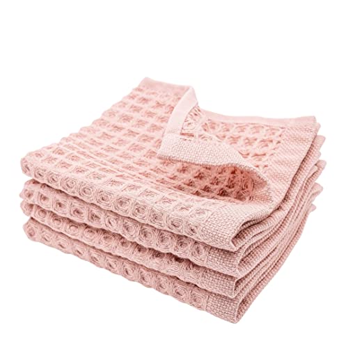 sea me at home Waffle Washcloth Set, 100% Cotton (4 Pcs Washcloth 13x13 inches, Powder Pink)