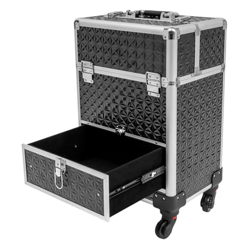 Rolling Makeup Train Case with Storage Sliding Drawer and Removable Divider, Lockable Cosmetic Travel Trolley Case with Wheels Salon Barber Travel Cart Trunk for Nail Tech Hairstylist (Black Silver)