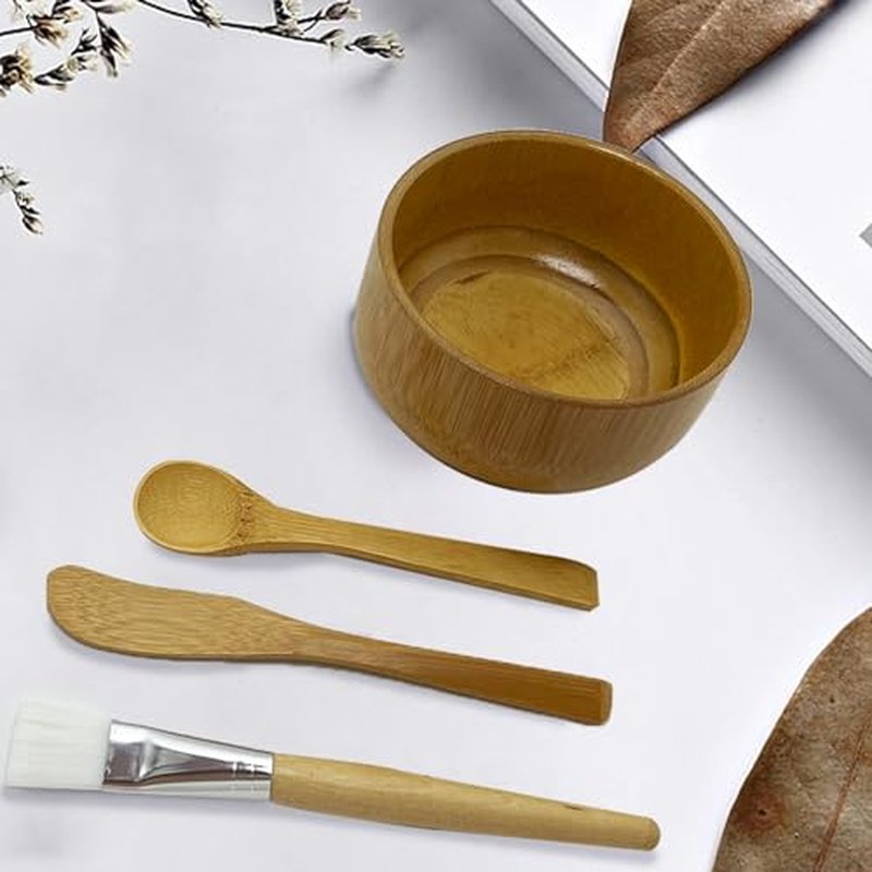 HLYYCC Face Mask Mixing Bowl Set Bamboo,4 Pack Diy Facial Tools For Skin Care,Bentonite Clay Mixing Bowl With Facial Mask Bowl,Spatula,Spoon,Brush Applicator,Facial Esthetician Supplies(10.14oz)