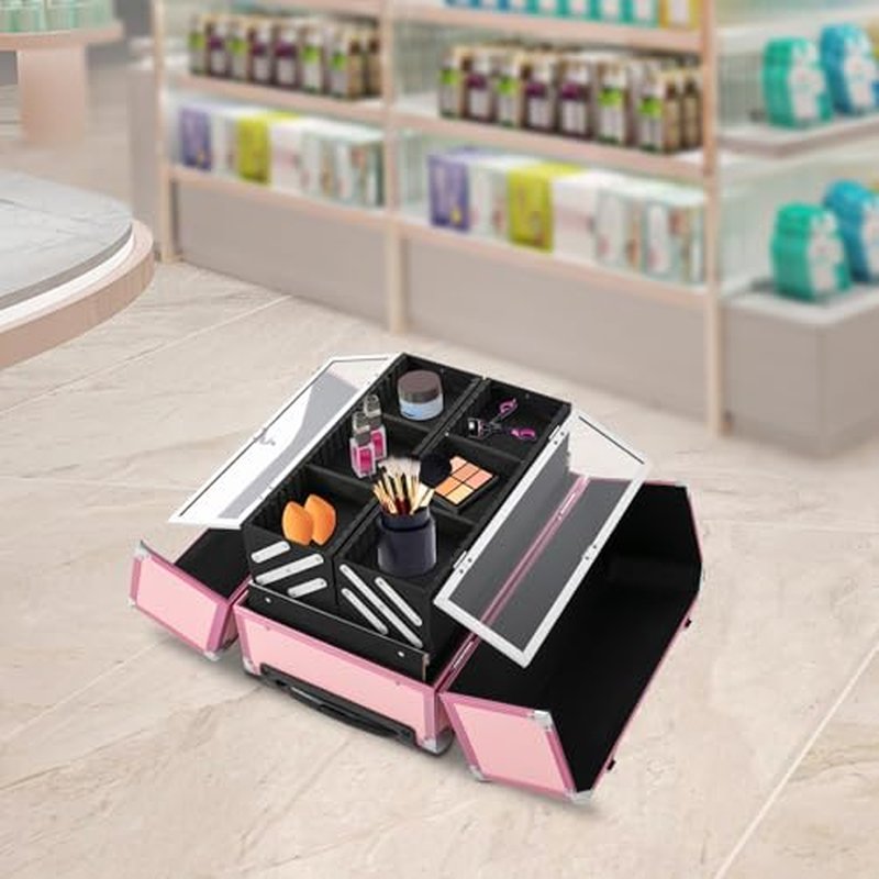 Lockable Makeup Train Case with 6 Trays, Multi-layer Rolling Cosmetic Storage Trolley, Professional Cosmetology Travel Box on Wheels for Nail Tech Salon Hair Stylists, Aluminum Alloy, PU