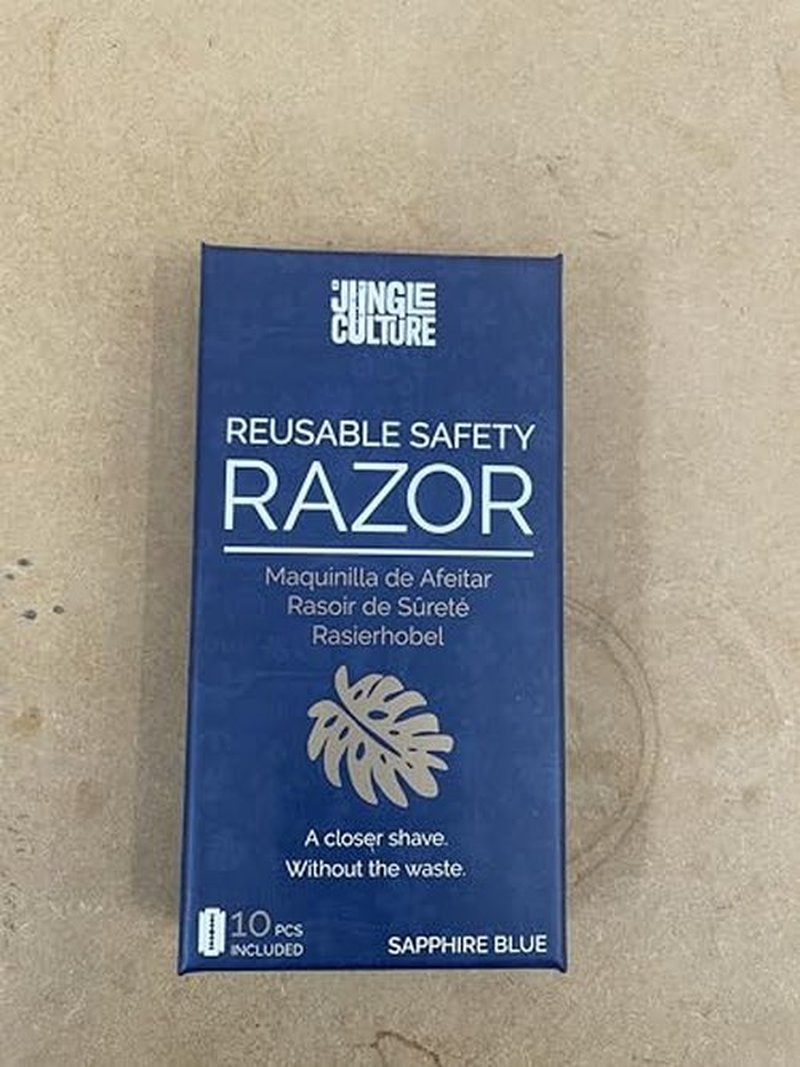 Jungle Culture Safety Razor with 10 Double Edge Blades • One Blade Metal Razors for Women & Men for Body & Face • Eco Friendly & Reusable Shaver • Sapphire Blue