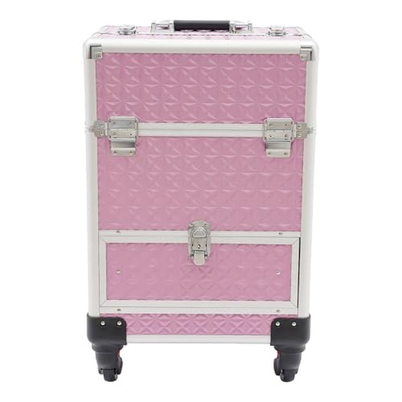 Blisiour Rolling Makeup Train Case with Storage Sliding Drawer and Removable Divider, Lockable Cosmetic Travel Trolley Case with Wheels Salon Barber Travel Cart Trunk for Nail Tech Hairstylist (Pink)